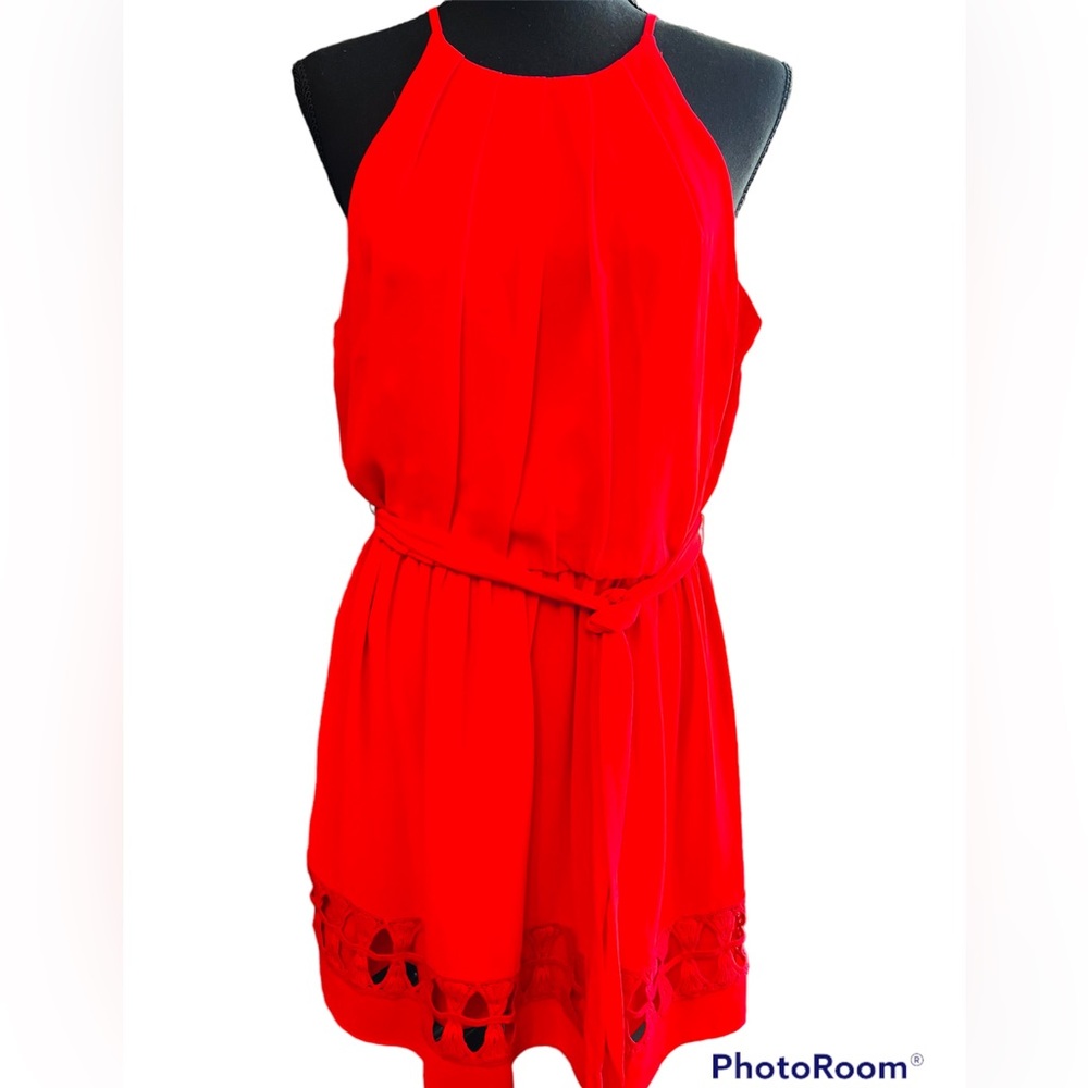 I.N. San Francisco Red Sleeveless High Neck Crochet Hem Fit and Flare Si…